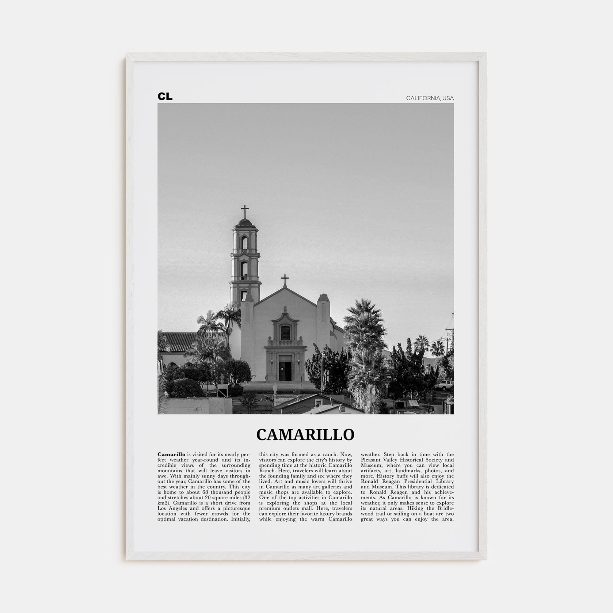 Camarillo Poster White Wood / 8x12 in Nbourhood Travel B&W Poster