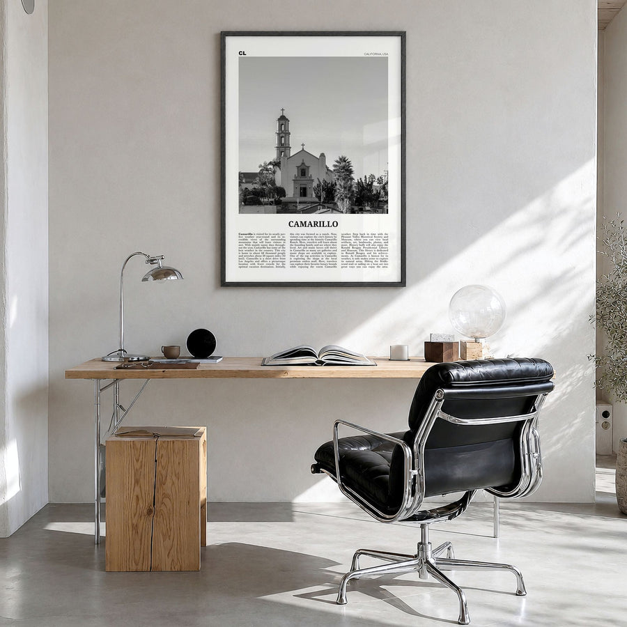 Camarillo Newspaper Poster in a black wood frame, hanging in a bright home office