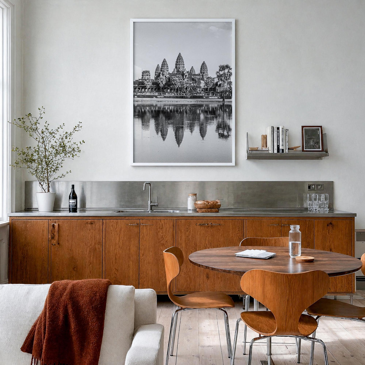 Cambodia black & white photo poster of Asia – vertical wall art in white wood frame, hanging on wall