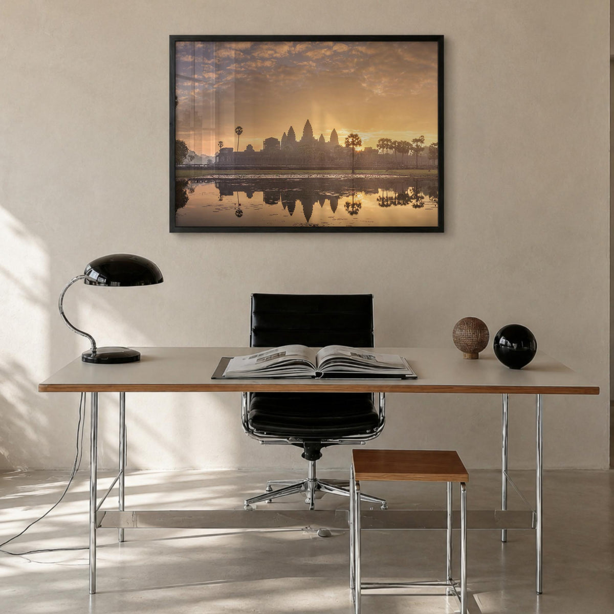 Cambodia colorful photo poster of Asia – horizontal wall art in black wood frame, hanging on wall