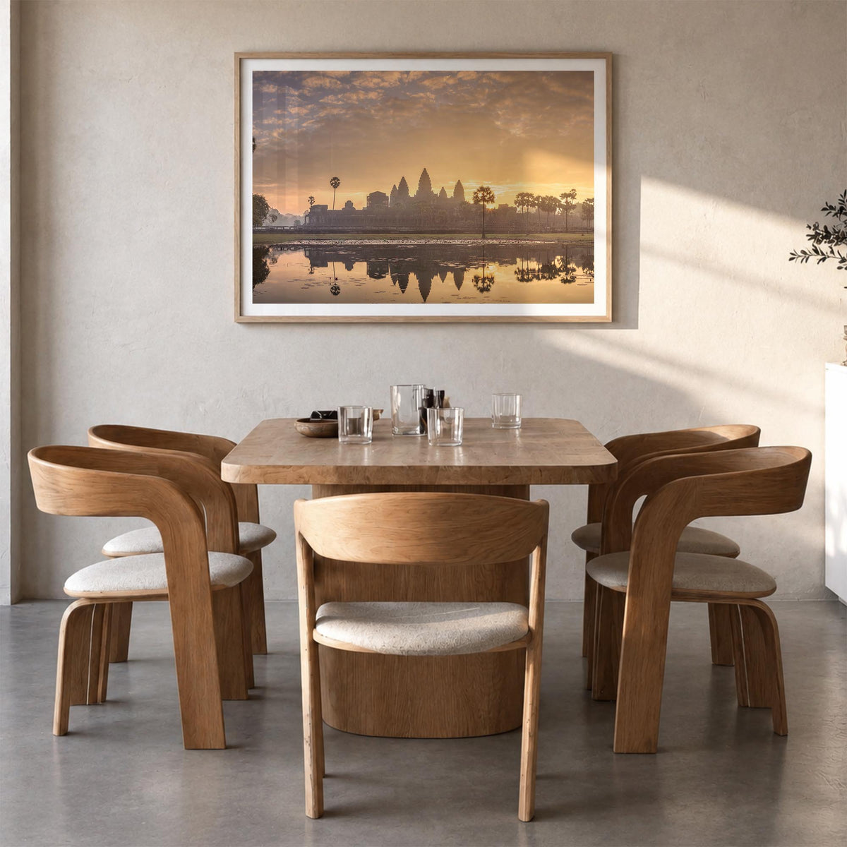 Cambodia colorful photo poster of Asia – horizontal wall art in natural wood frame with white border, hanging on wall