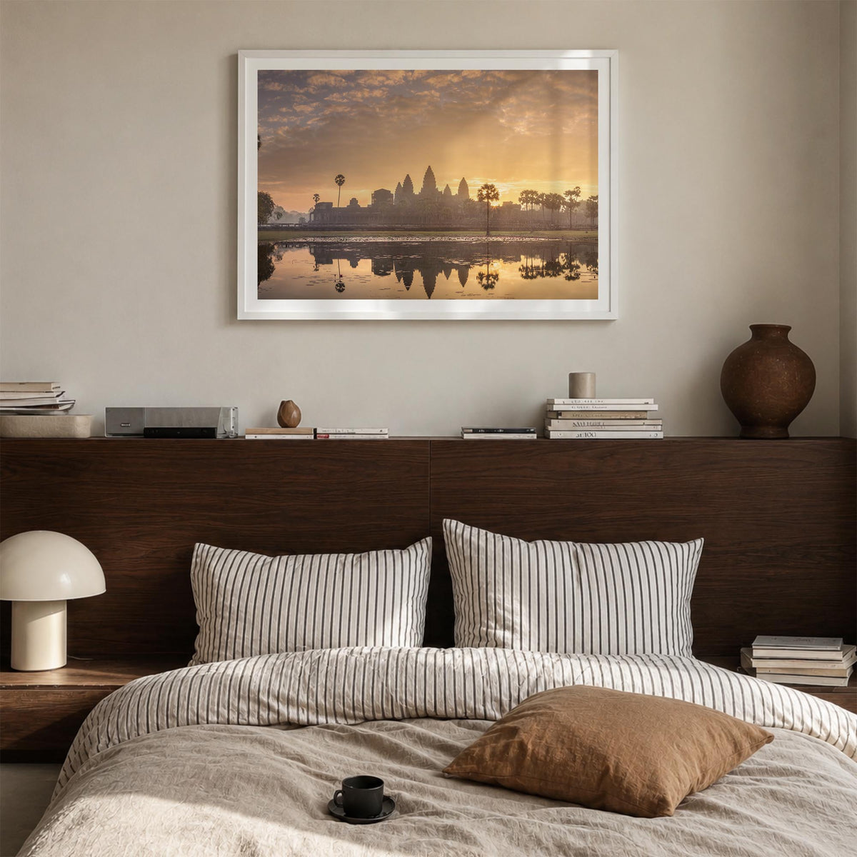 Cambodia colorful photo poster of Asia – horizontal wall art in white wood frame with white border, hanging on wall