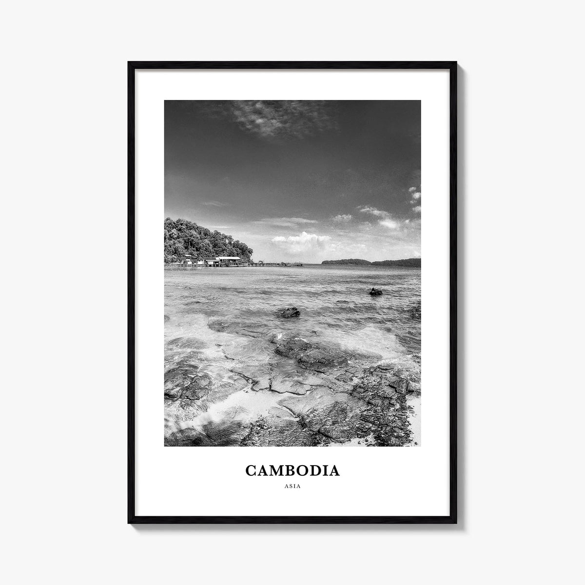Cambodia no. 1 black & white classic poster of Asia – vertical wall art, unframed print shown in interior mockup