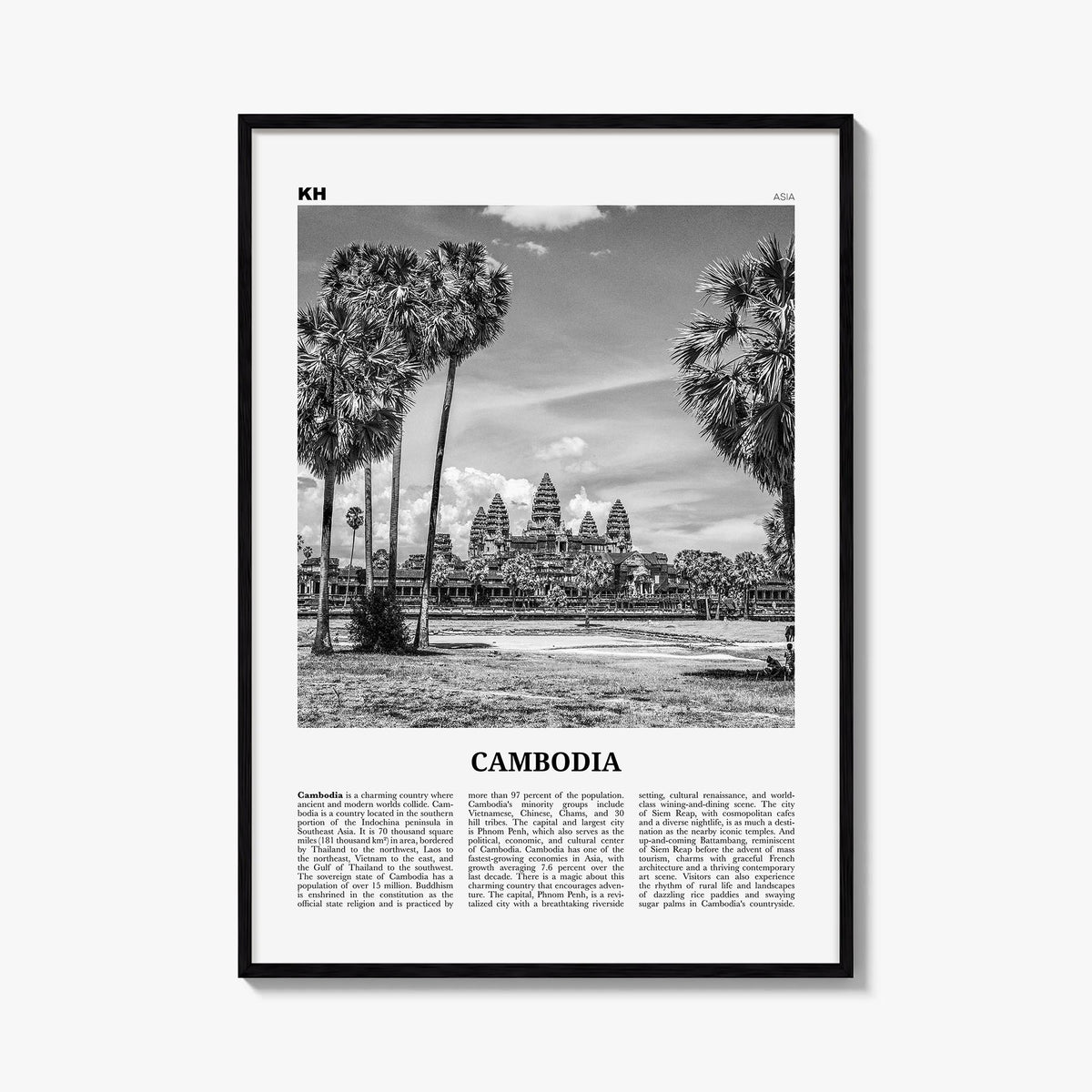 Cambodia no. 1 black & white newspaper poster of Asia – vertical wall art, unframed print shown in interior mockup