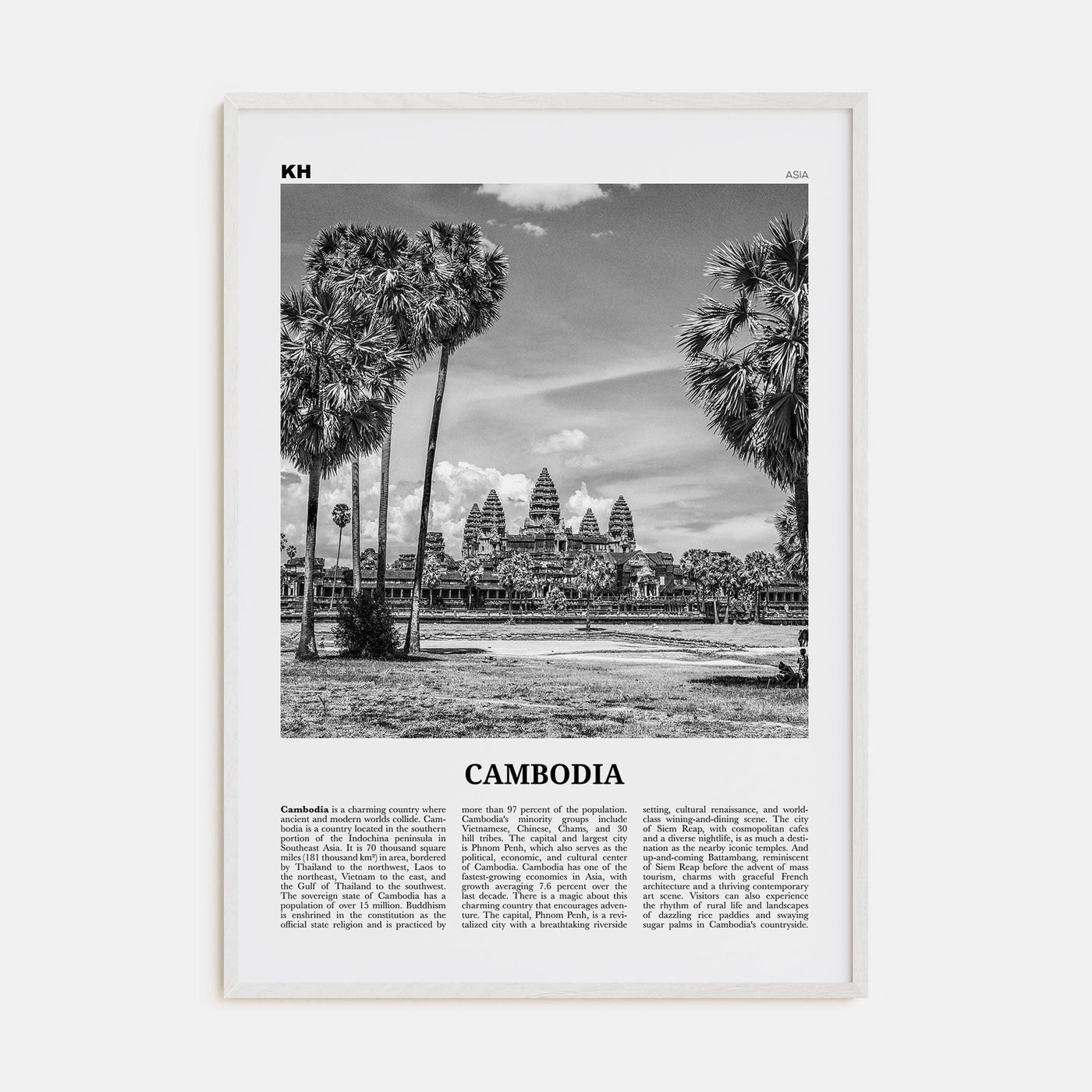 Cambodia No 1 Poster White Wood / 8x12 in Nbourhood Travel B&W Poster