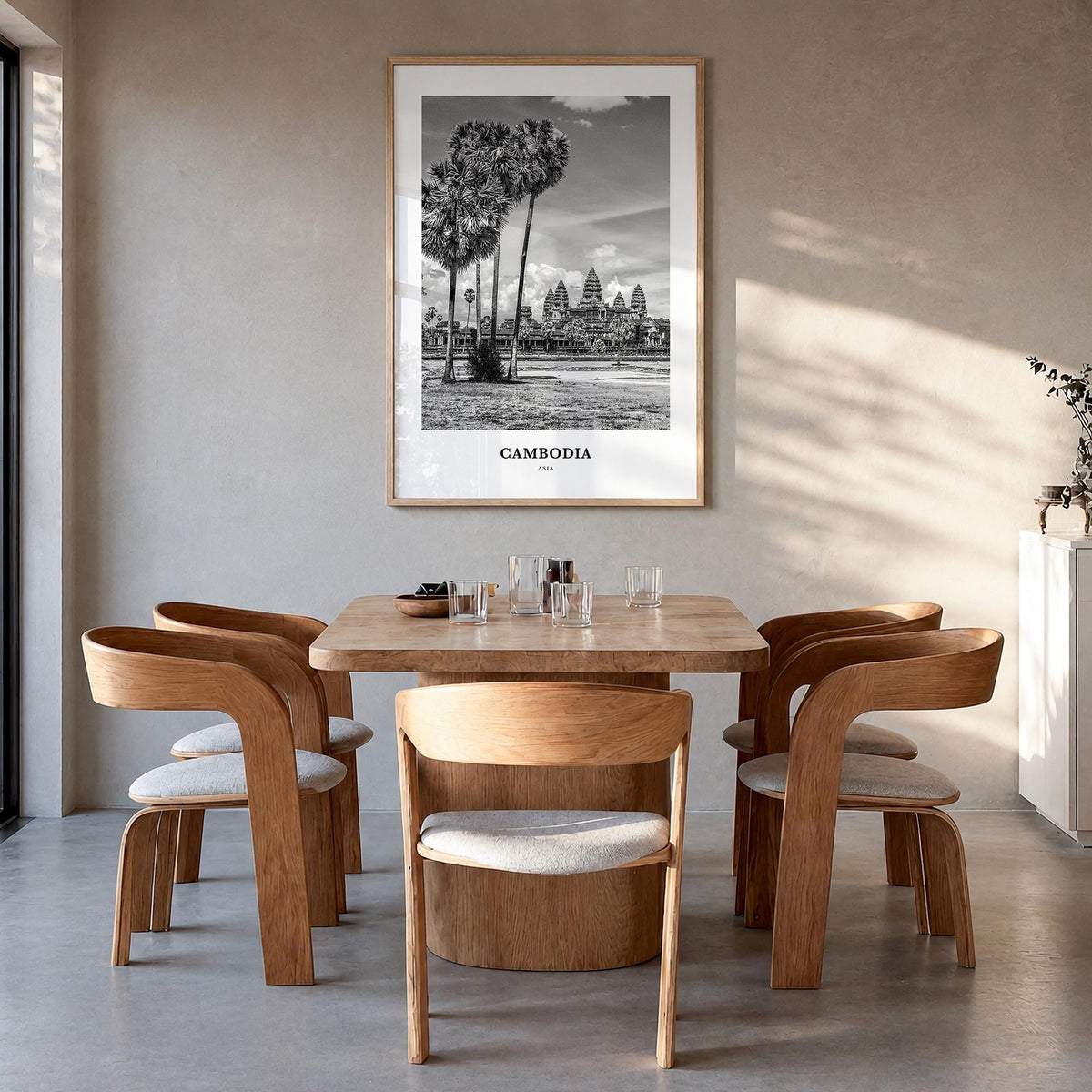 Cambodia no. 2 black & white classic poster of Asia – vertical wall art in natural wood frame, hanging on wall