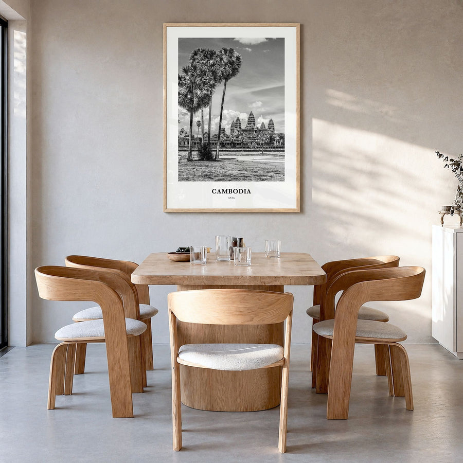 Cambodia Classic No 2 Poster in a natural wood frame, hanging in a dining room