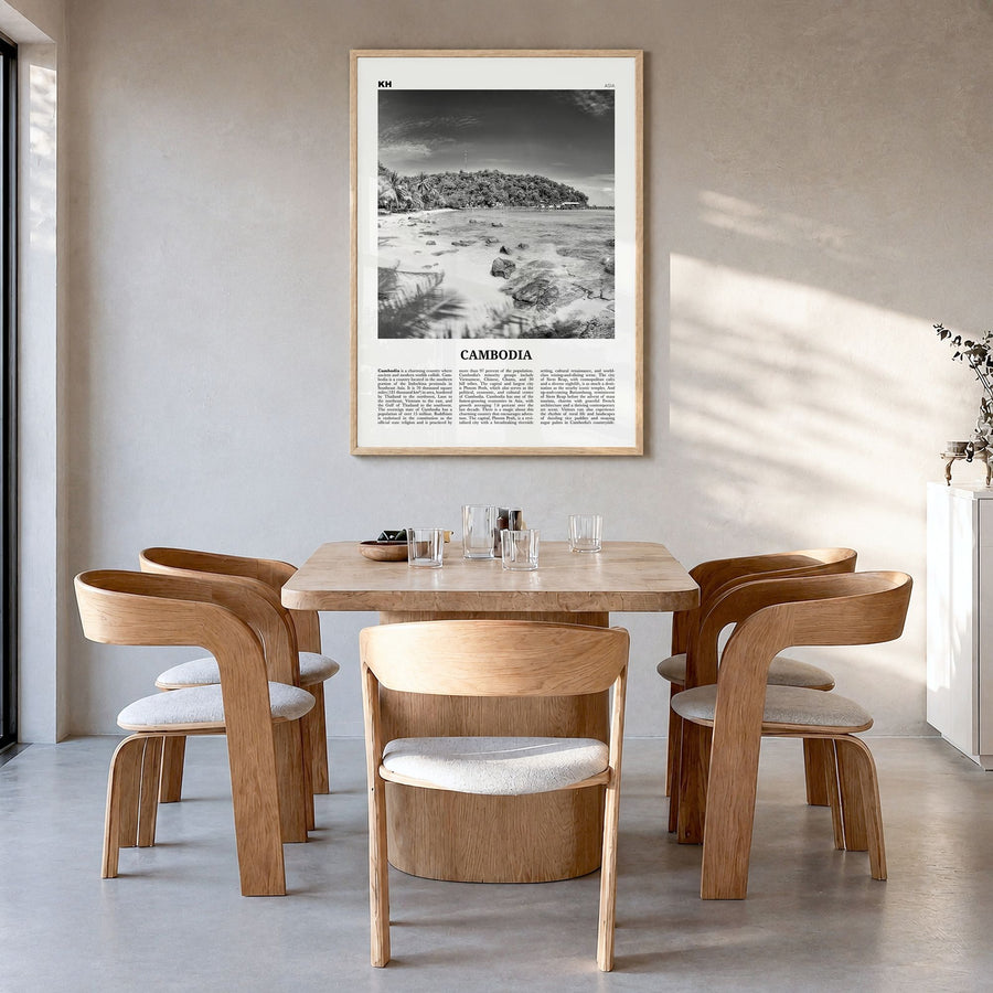 Cambodia Newspaper No 2 Poster in a natural wood frame, hanging in a dining room