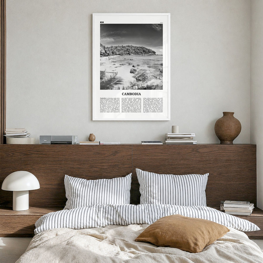Cambodia Newspaper No 2 Poster in a white wood frame, hanging in a bedroom