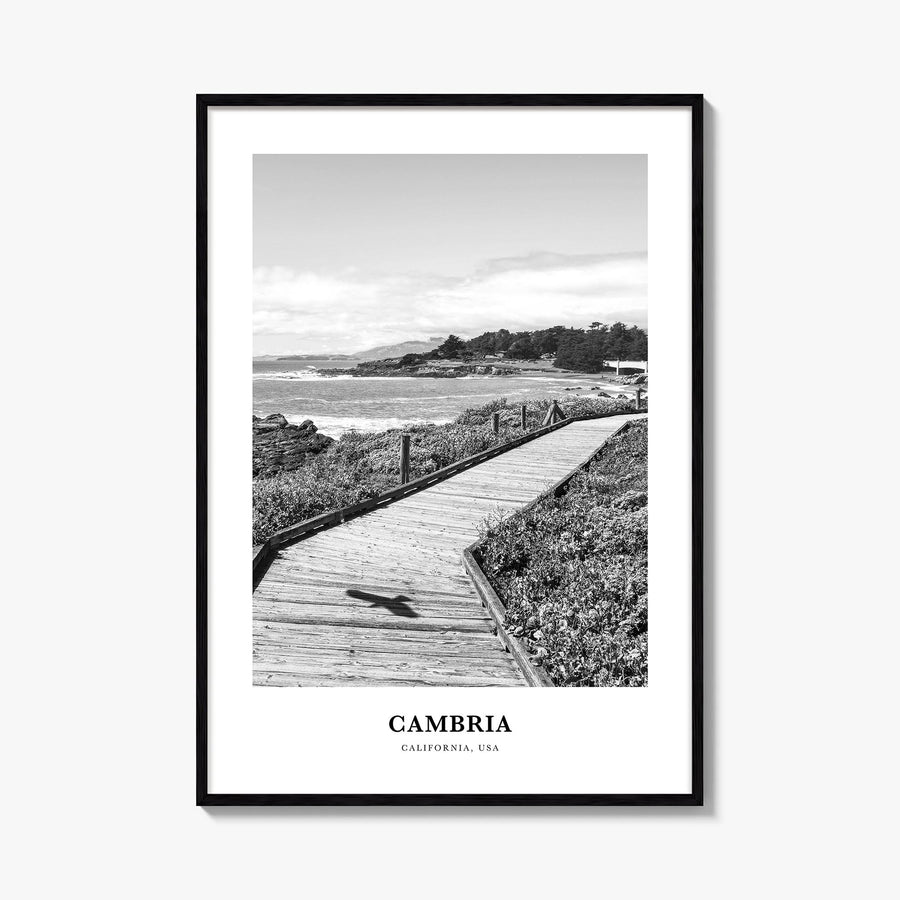 Cambria black & white classic poster of California, USA – vertical wall art, unframed print shown in interior mockup