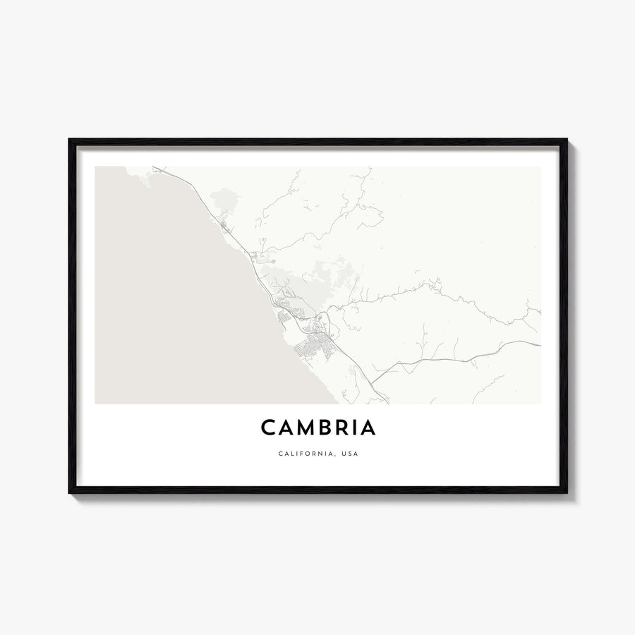 Cambria black & white map poster of California, USA – horizontal wall art, unframed print shown in interior mockup