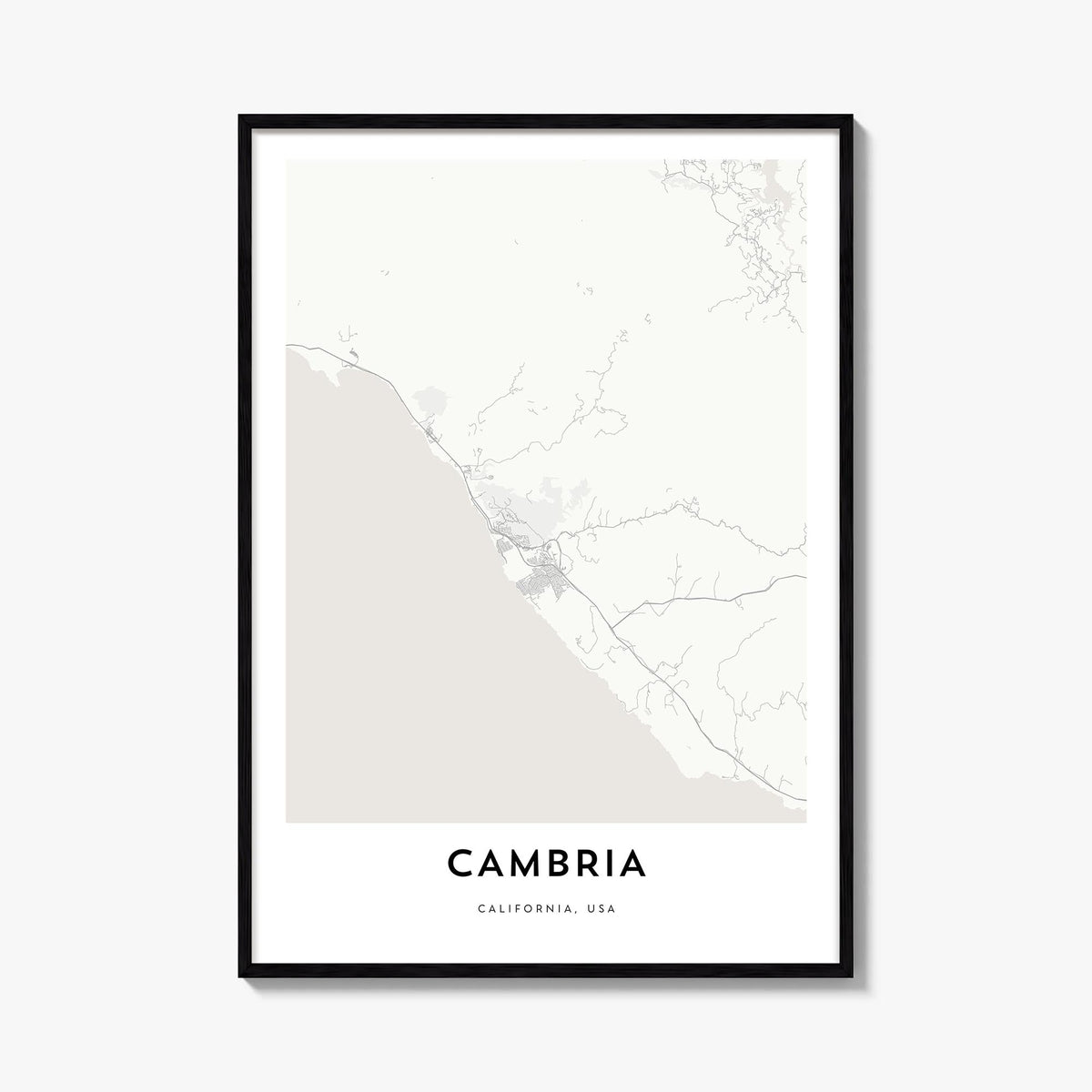 Cambria black & white map poster of California, USA – vertical wall art, unframed print shown in interior mockup