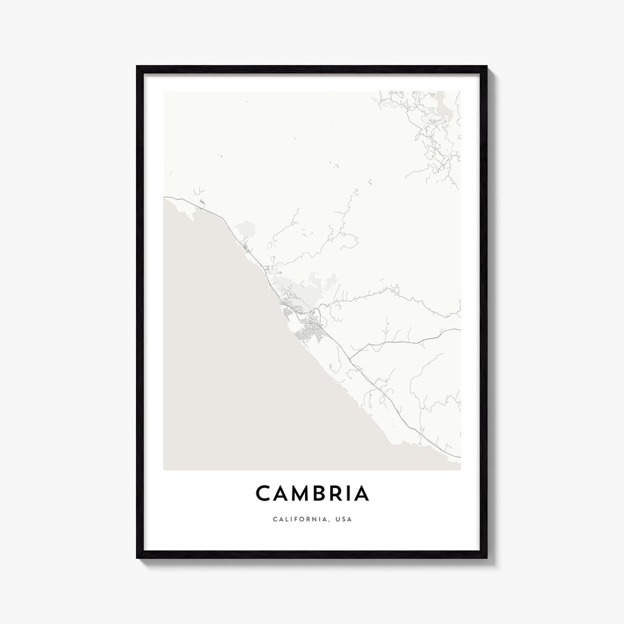 Cambria black & white map poster of California, USA – vertical wall art, unframed print shown in interior mockup