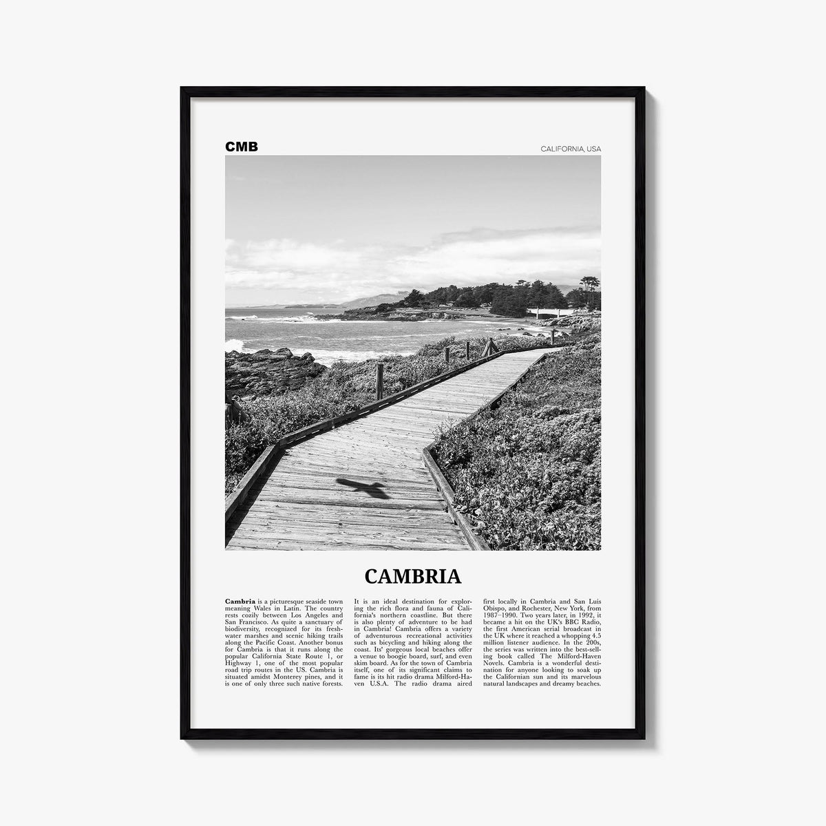 Cambria black & white newspaper poster of California, USA – vertical wall art, unframed print shown in interior mockup