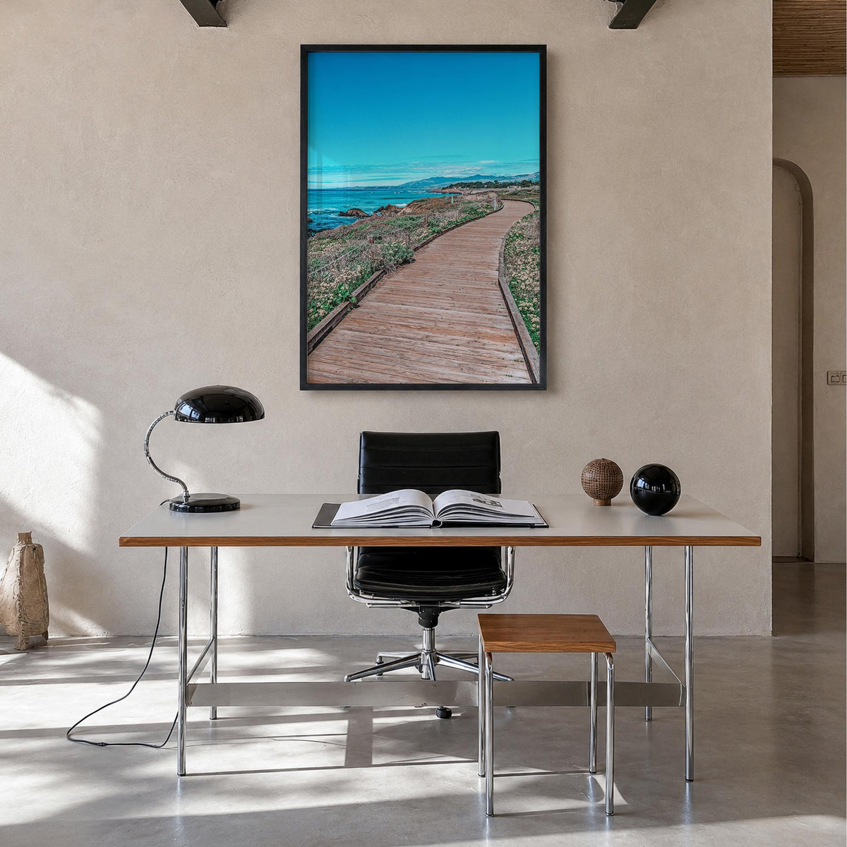 Cambria colorful photo poster of California, USA – vertical wall art in black wood frame, hanging on wall