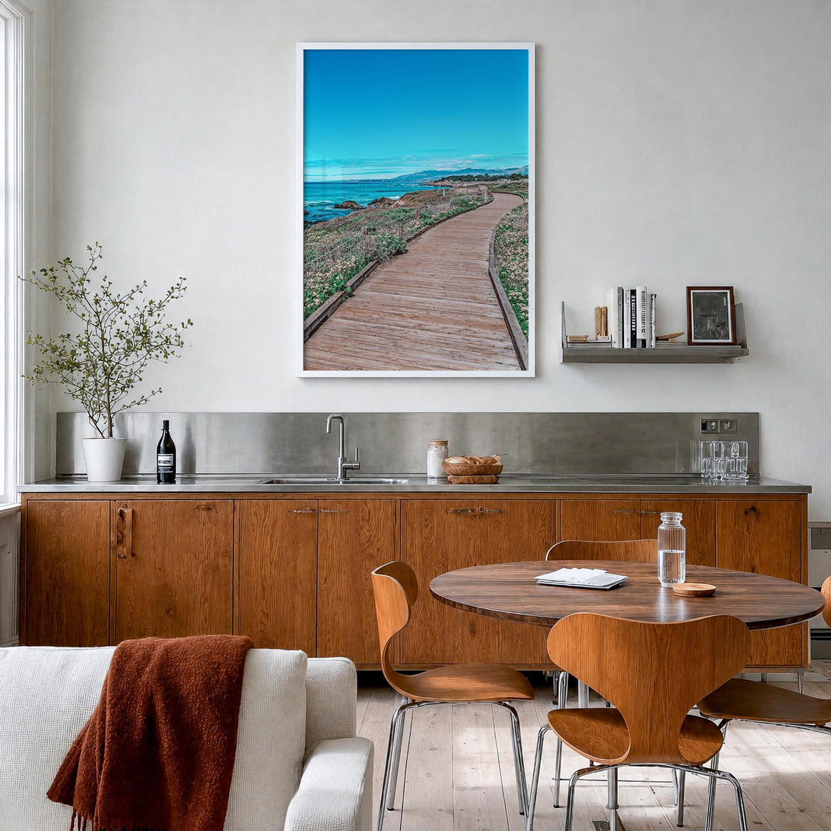 Cambria colorful photo poster of California, USA – vertical wall art in white wood frame, hanging on wall