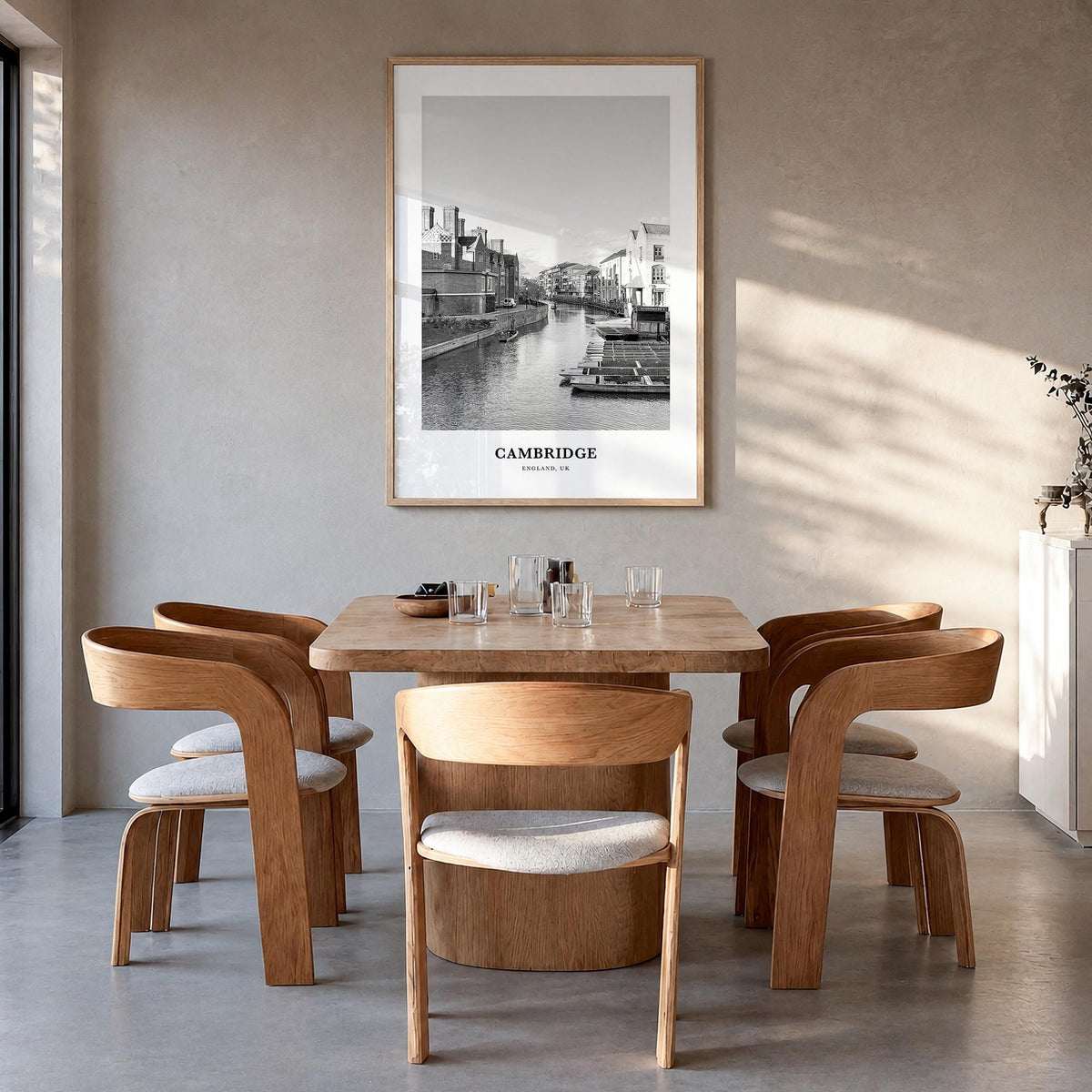 Cambridge, England black & white classic poster of United Kingdom – vertical wall art in natural wood frame, hanging on wall
