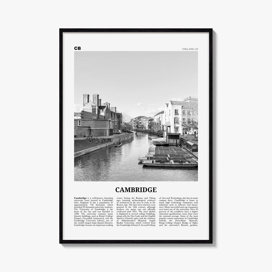 Cambridge, England black & white newspaper poster of United Kingdom – vertical wall art, unframed print shown in interior moc