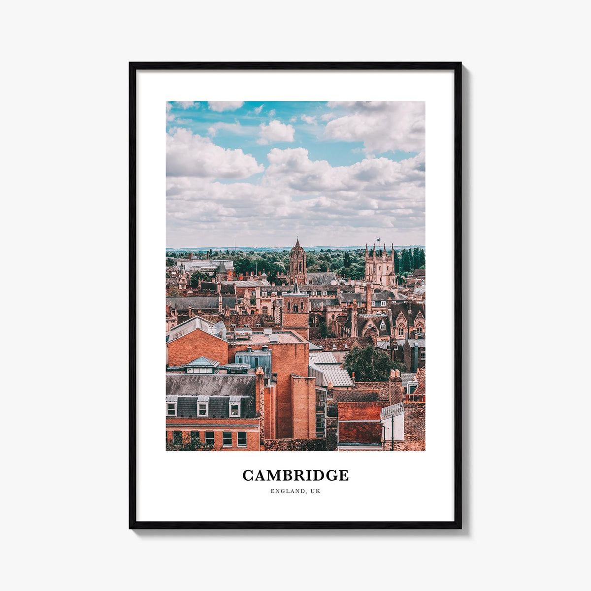 Cambridge, England colorful classic poster of United Kingdom – vertical wall art, unframed print shown in interior mockup