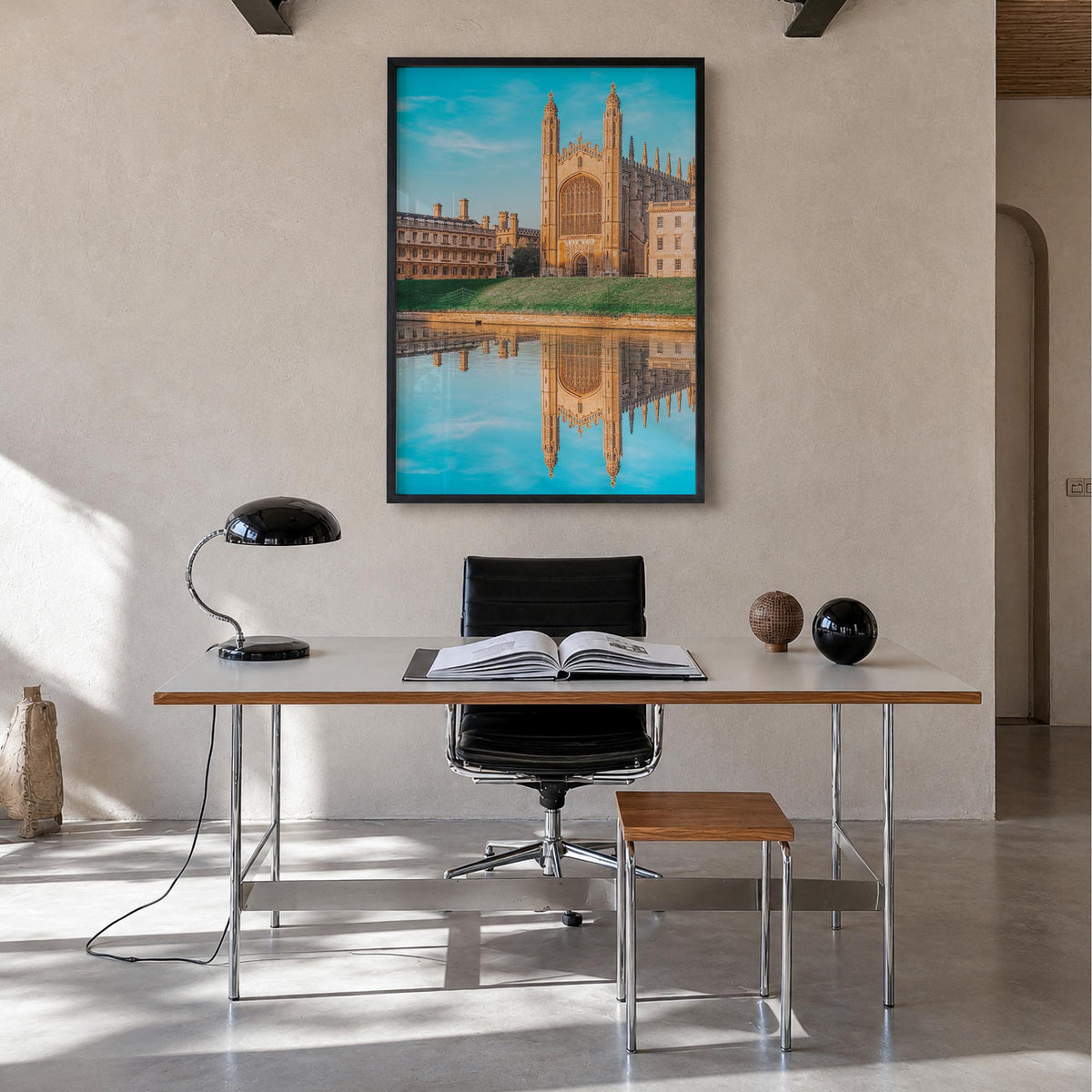 Cambridge, England colorful photo poster of United Kingdom – vertical wall art in black wood frame, hanging on wall