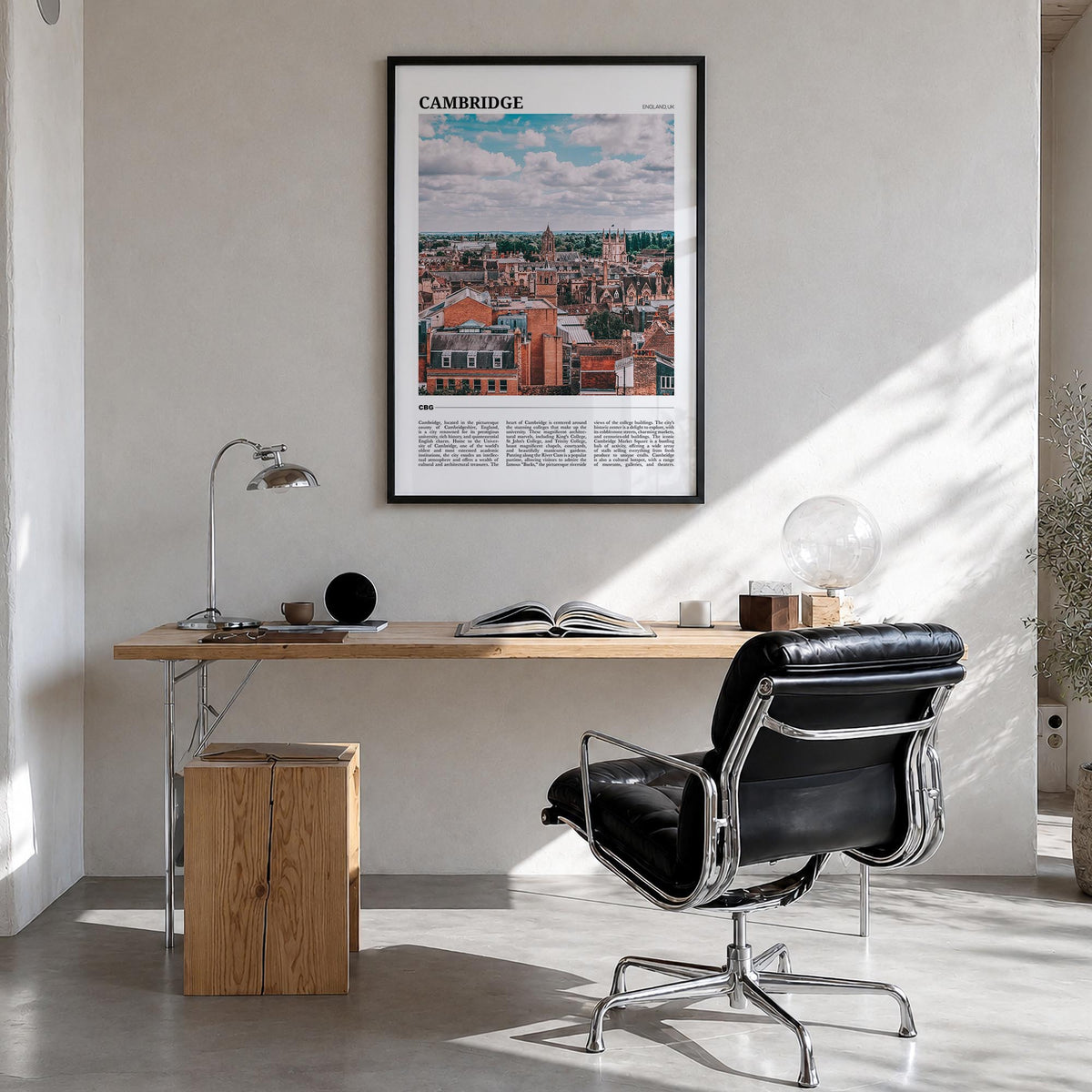 Cambridge, England colorful travel poster of United Kingdom – vertical wall art in black wood frame, hanging on wall