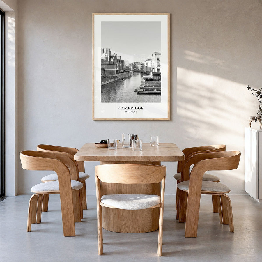 Cambridge, England Classic Poster in a natural wood frame, hanging in a dining room