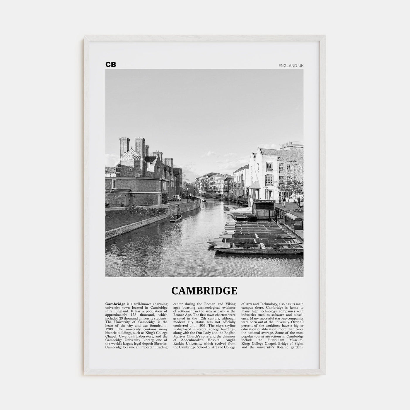 Cambridge, England Poster White Wood / 8x12 in Nbourhood Travel B&W Poster