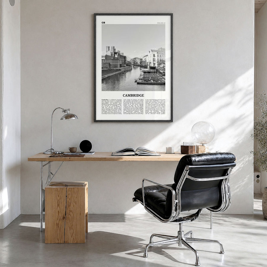 Cambridge, England Newspaper Poster in a black wood frame, hanging in a bright home office