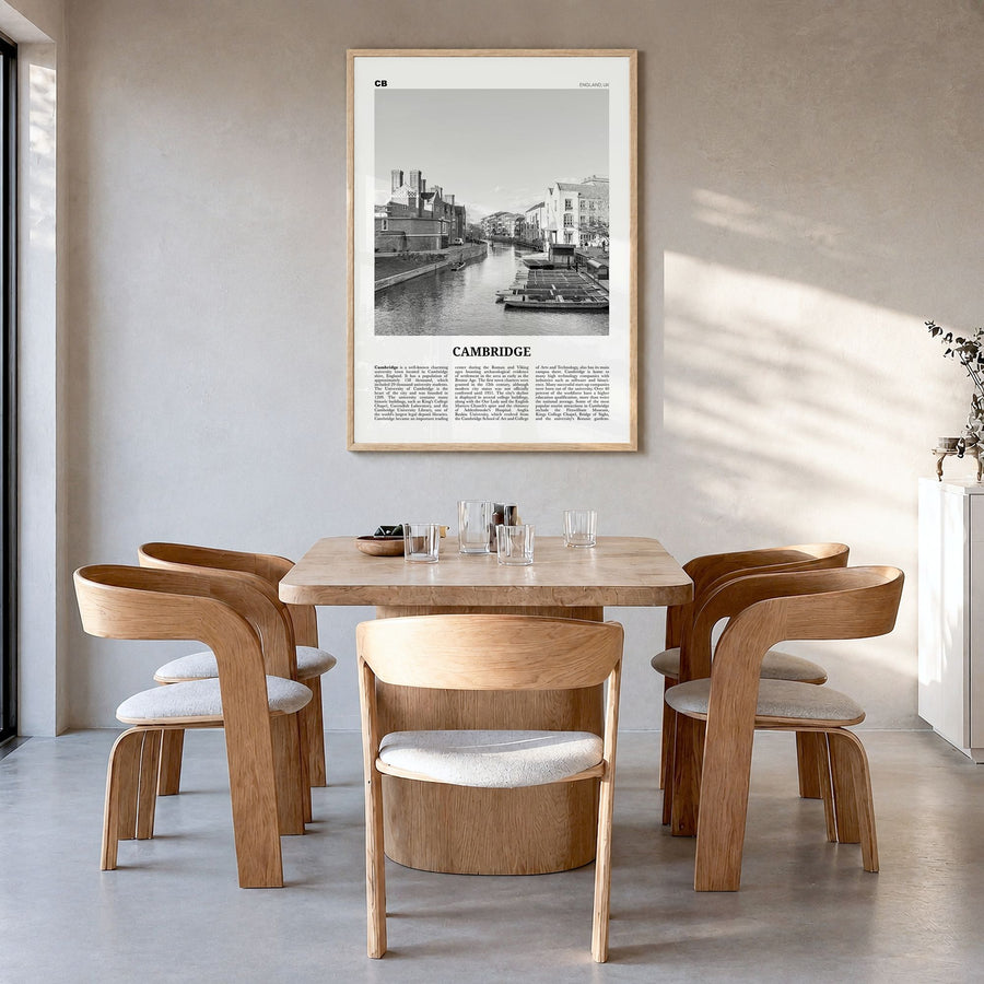 Cambridge, England Newspaper Poster in a natural wood frame, hanging in a dining room
