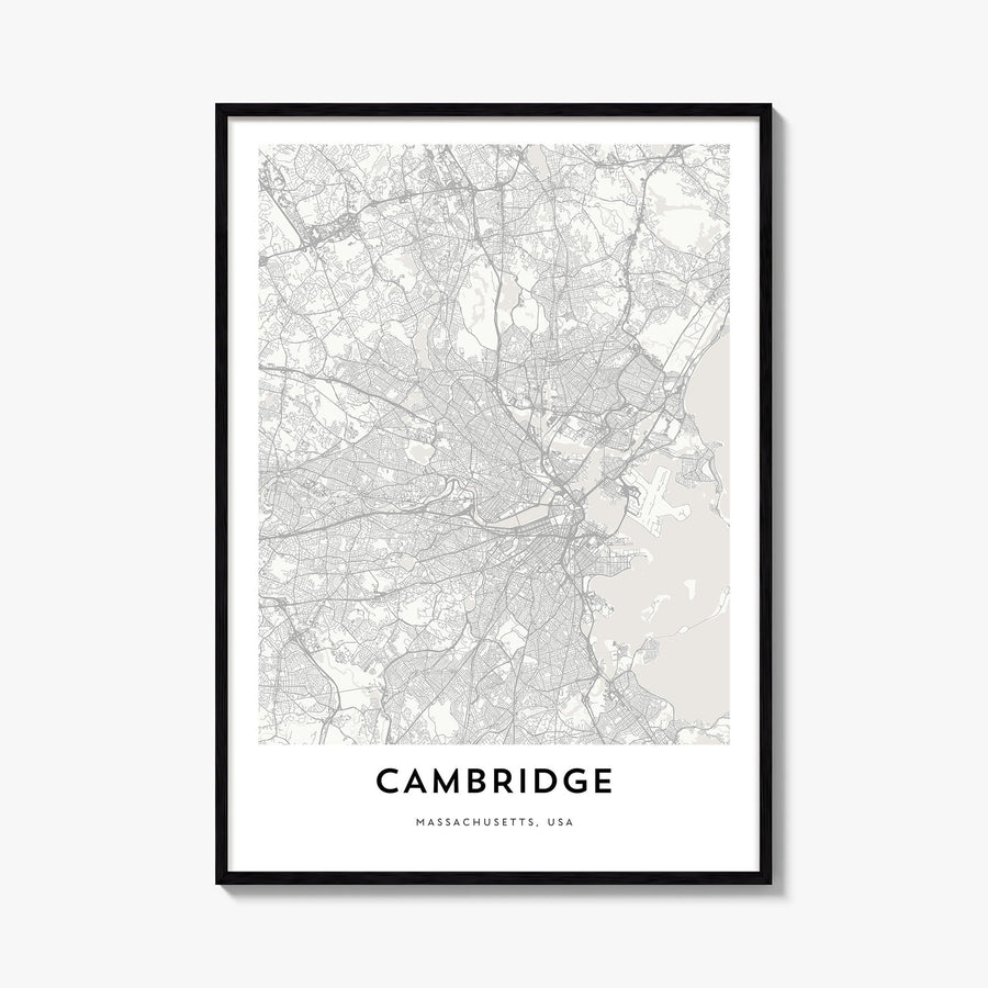 Cambridge, Massachusetts black & white map poster of Massachusetts, USA – vertical wall art, unframed print shown in interior