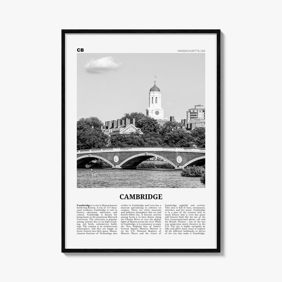 Cambridge, Massachusetts black & white newspaper poster of Massachusetts, USA – vertical wall art, unframed print shown in in