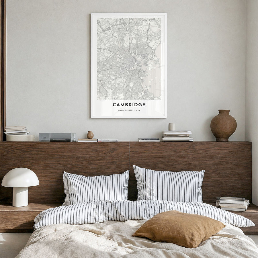 Cambridge, Massachusetts Map Poster in a white wood frame, hanging in a bedroom