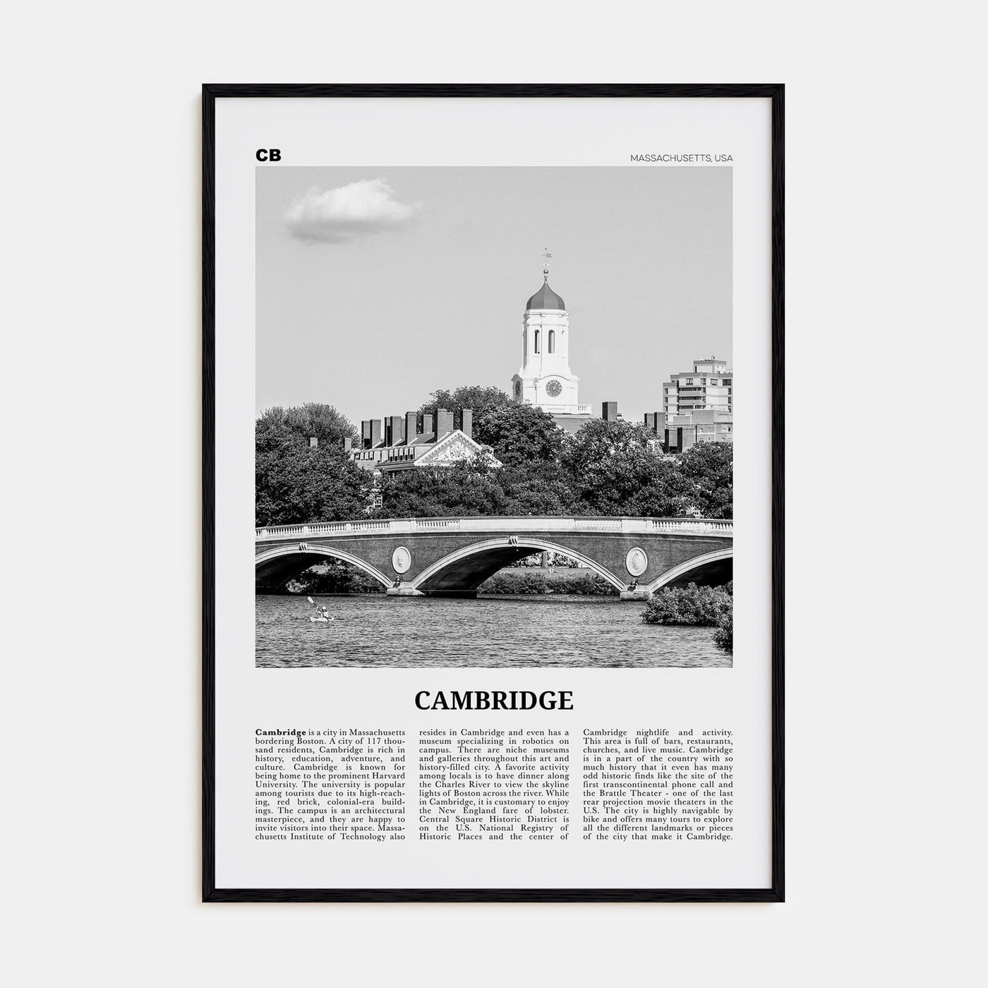 Cambridge, Massachusetts Poster Black Wood / 8x12 in Nbourhood Travel B&W Poster