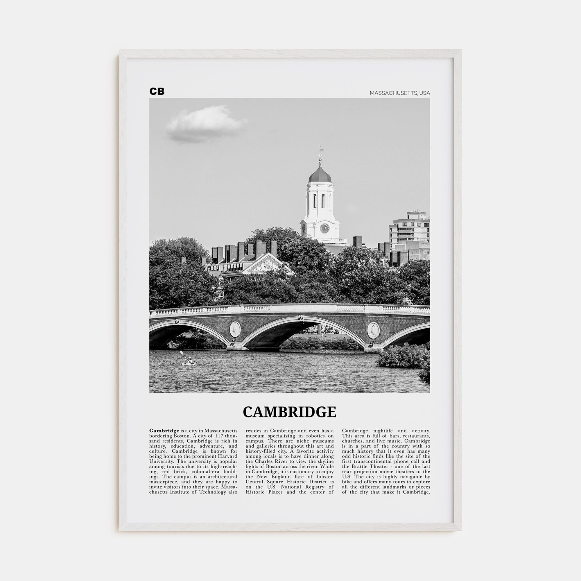 Cambridge, Massachusetts Poster White Wood / 8x12 in Nbourhood Travel B&W Poster