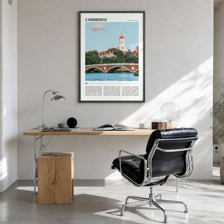 Cambridge, Massachusetts Travel Poster in a black wood frame, hanging in a bright home office