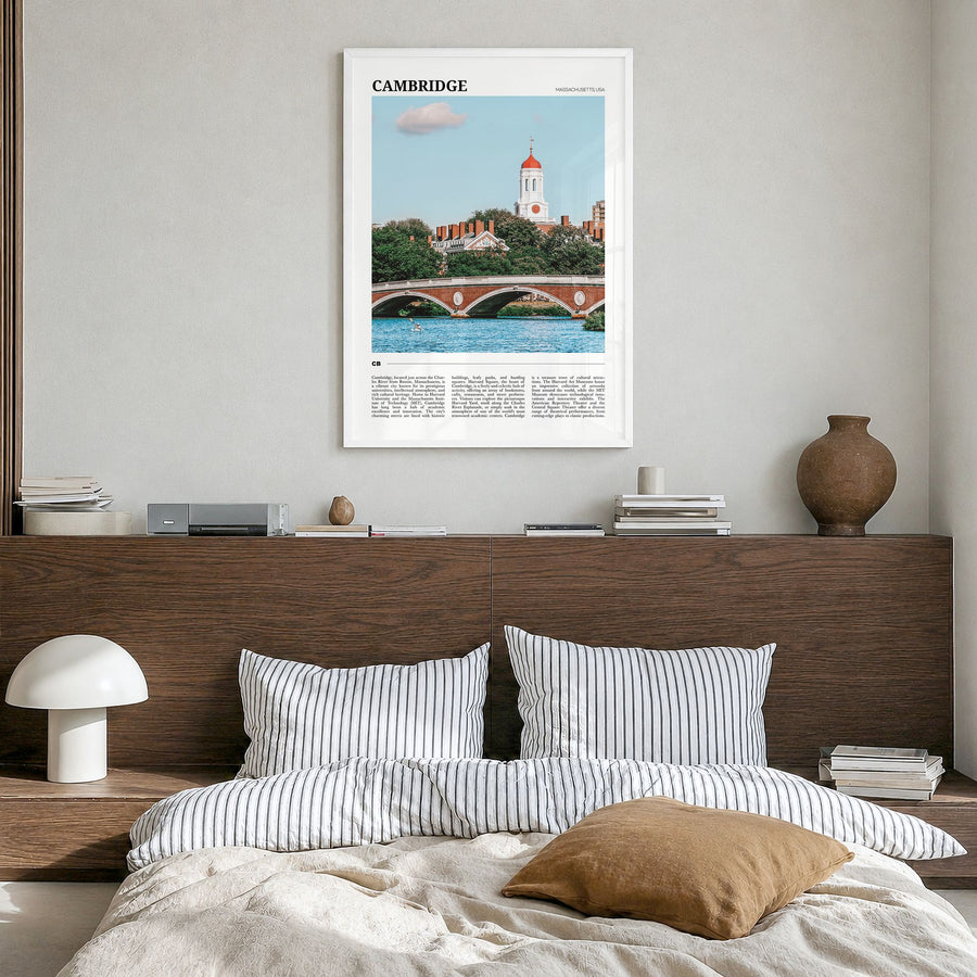 Cambridge, Massachusetts Travel Poster in a white wood frame, hanging in a bedroom