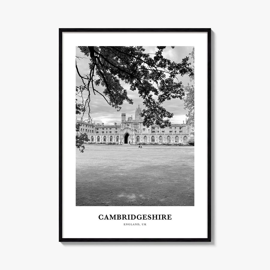 Cambridgeshire black & white classic poster of United Kingdom – vertical wall art, unframed print shown in interior mockup