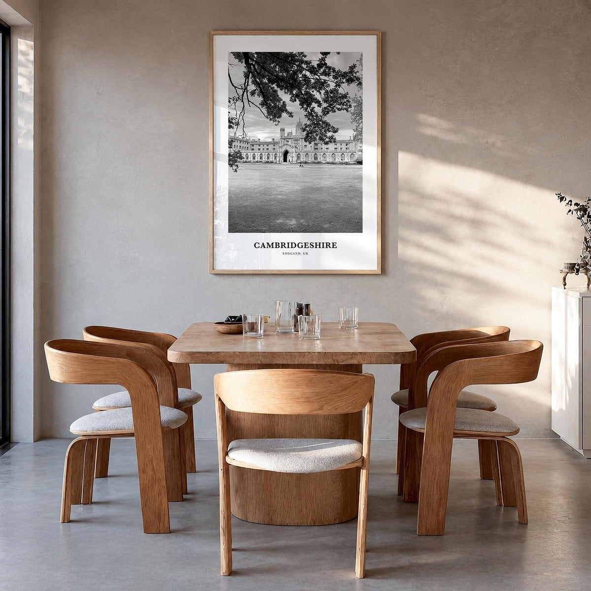Cambridgeshire black & white classic poster of United Kingdom – vertical wall art in natural wood frame, hanging on wall