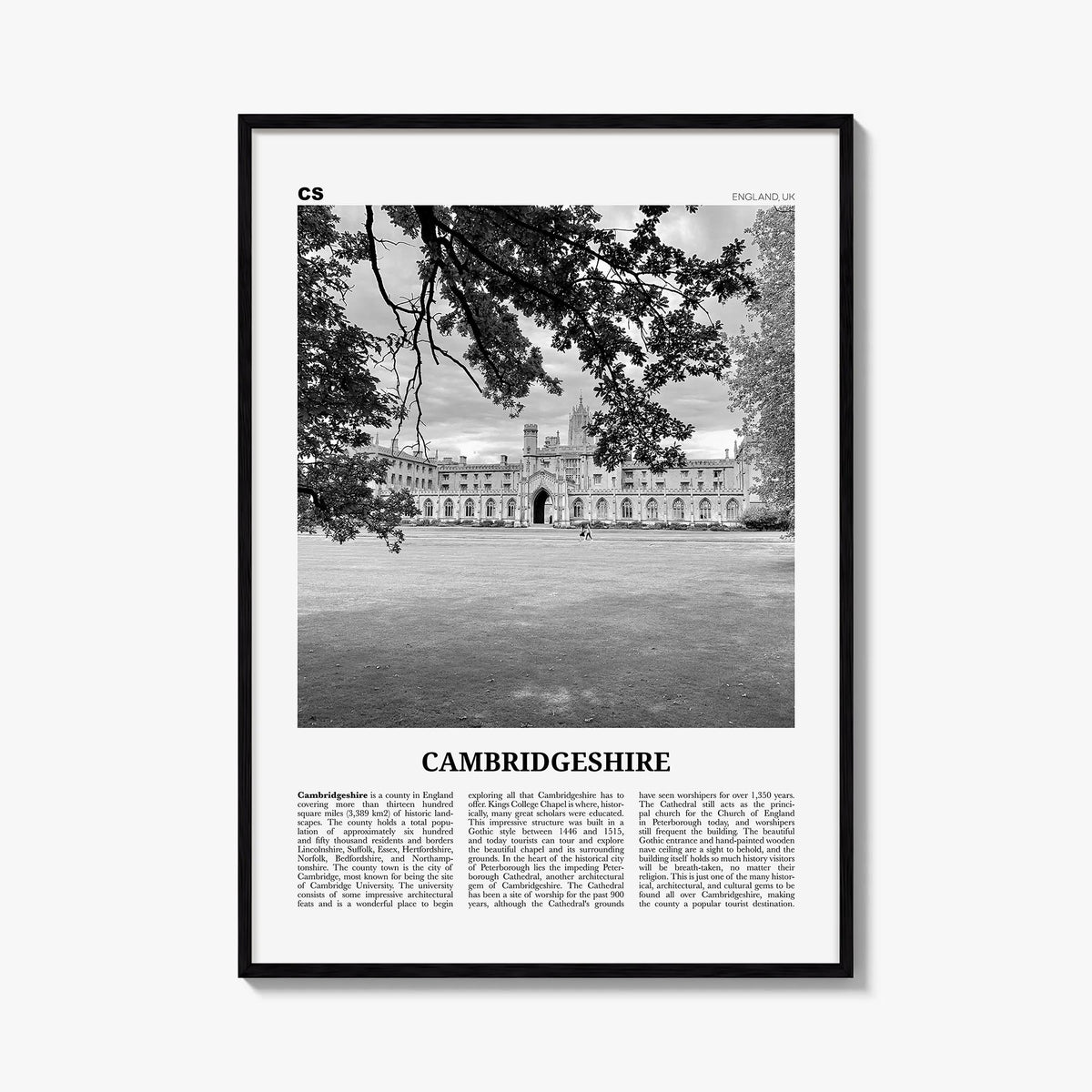 Cambridgeshire black & white newspaper poster of United Kingdom – vertical wall art, unframed print shown in interior mockup