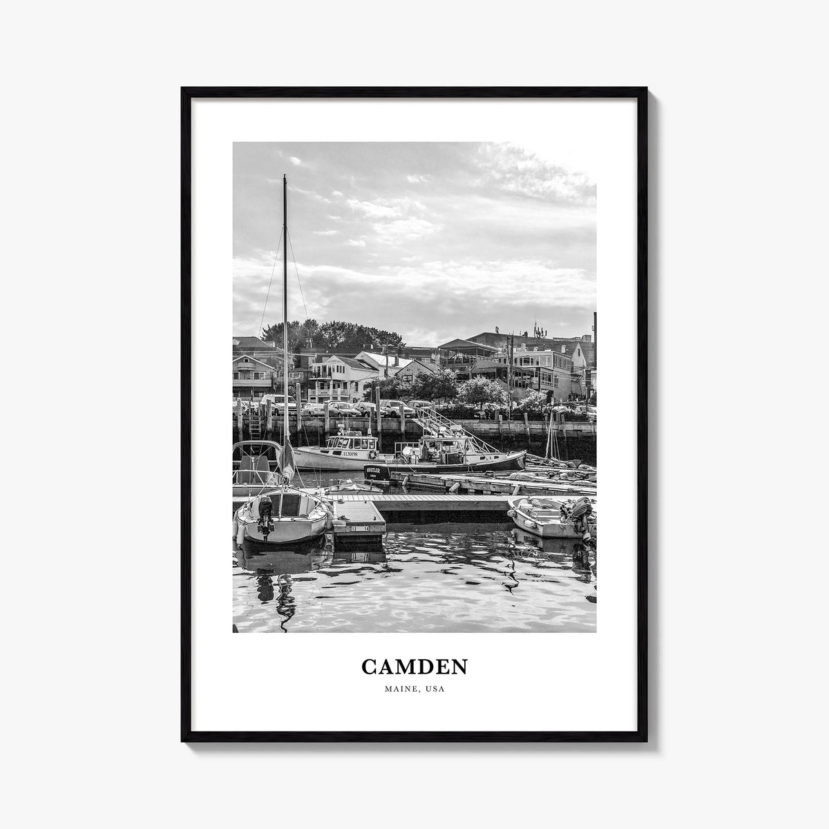 Camden black & white classic poster of Maine, USA – vertical wall art, unframed print shown in interior mockup
