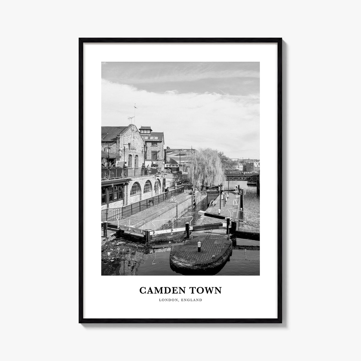 Camden Town black & white classic poster of London, England – vertical wall art, unframed print shown in interior mockup