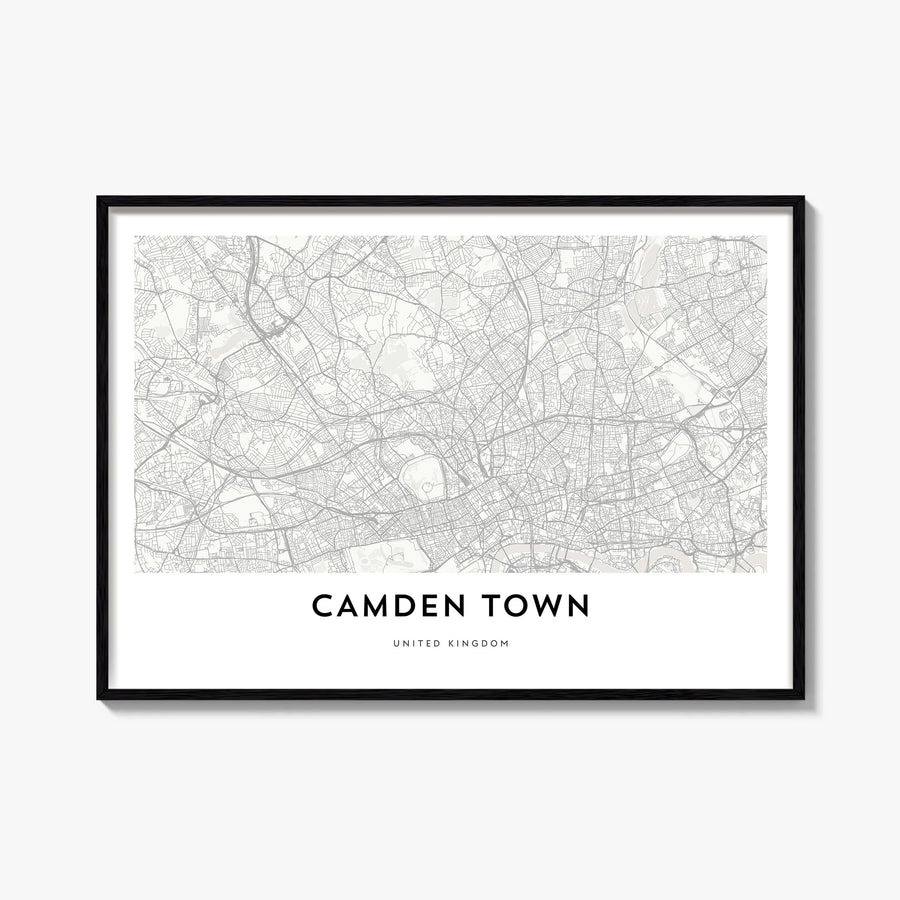 Camden Town black & white map poster of London, England – horizontal wall art, unframed print shown in interior mockup