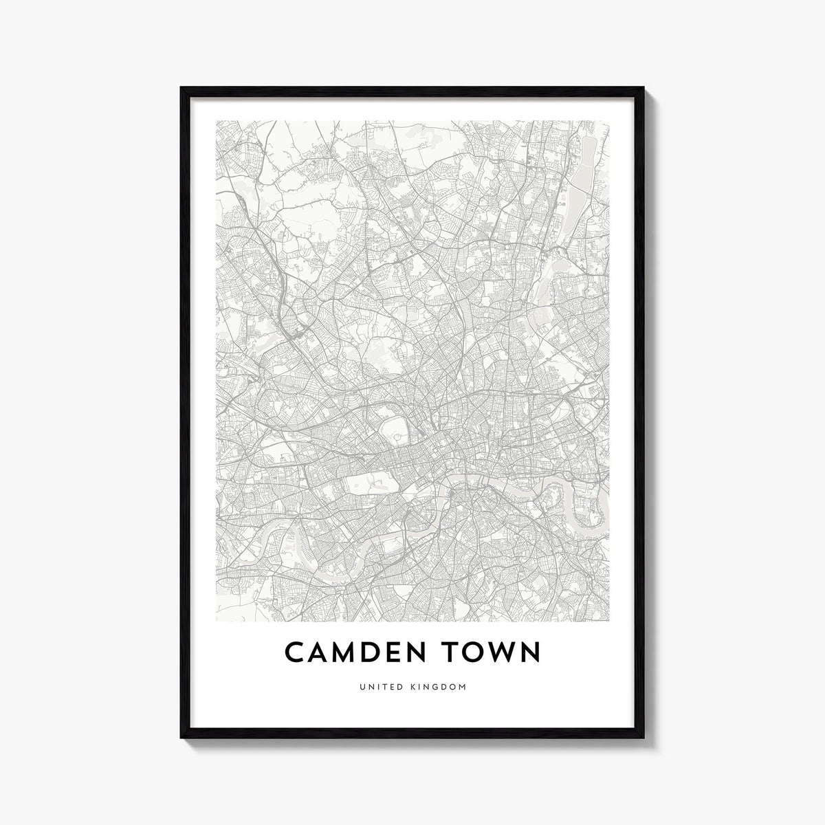 Camden Town black & white map poster of London, England – vertical wall art, unframed print shown in interior mockup