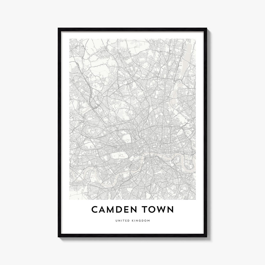 Camden Town black & white map poster of London, England – vertical wall art, unframed print shown in interior mockup