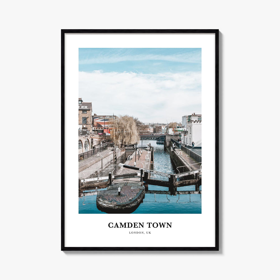 Camden Town colorful classic poster of London, England – vertical wall art, unframed print shown in interior mockup