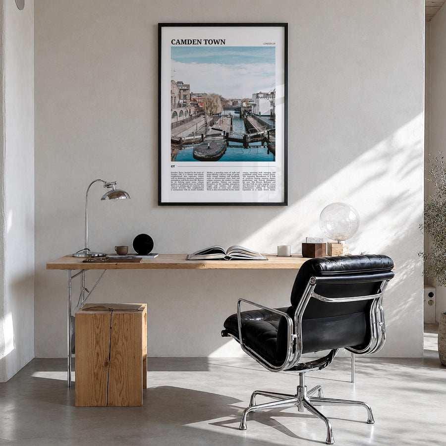 Camden Town colorful travel poster of London, England – vertical wall art in black wood frame, hanging on wall