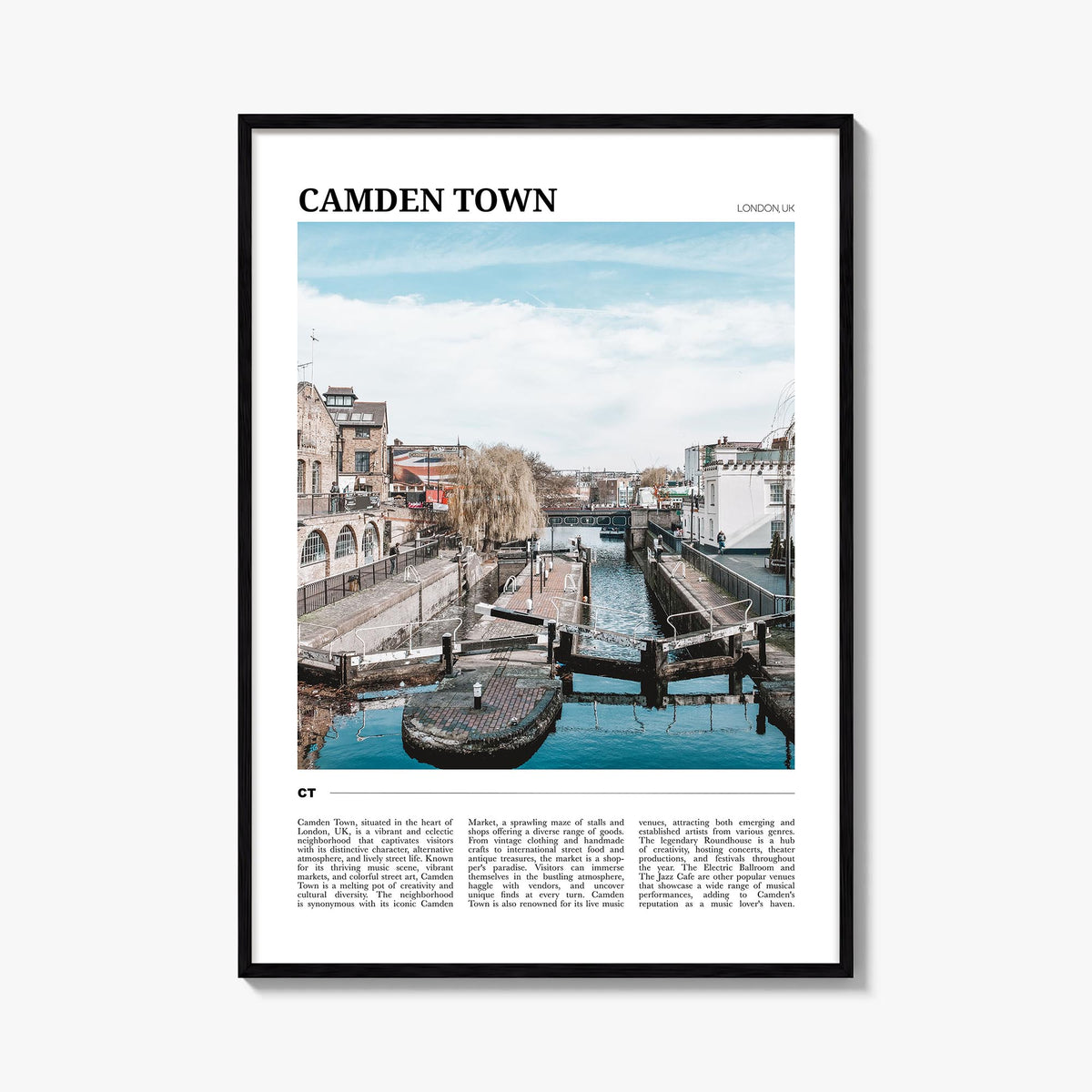 Camden Town colorful travel poster of London, England – vertical wall art, unframed print shown in interior mockup