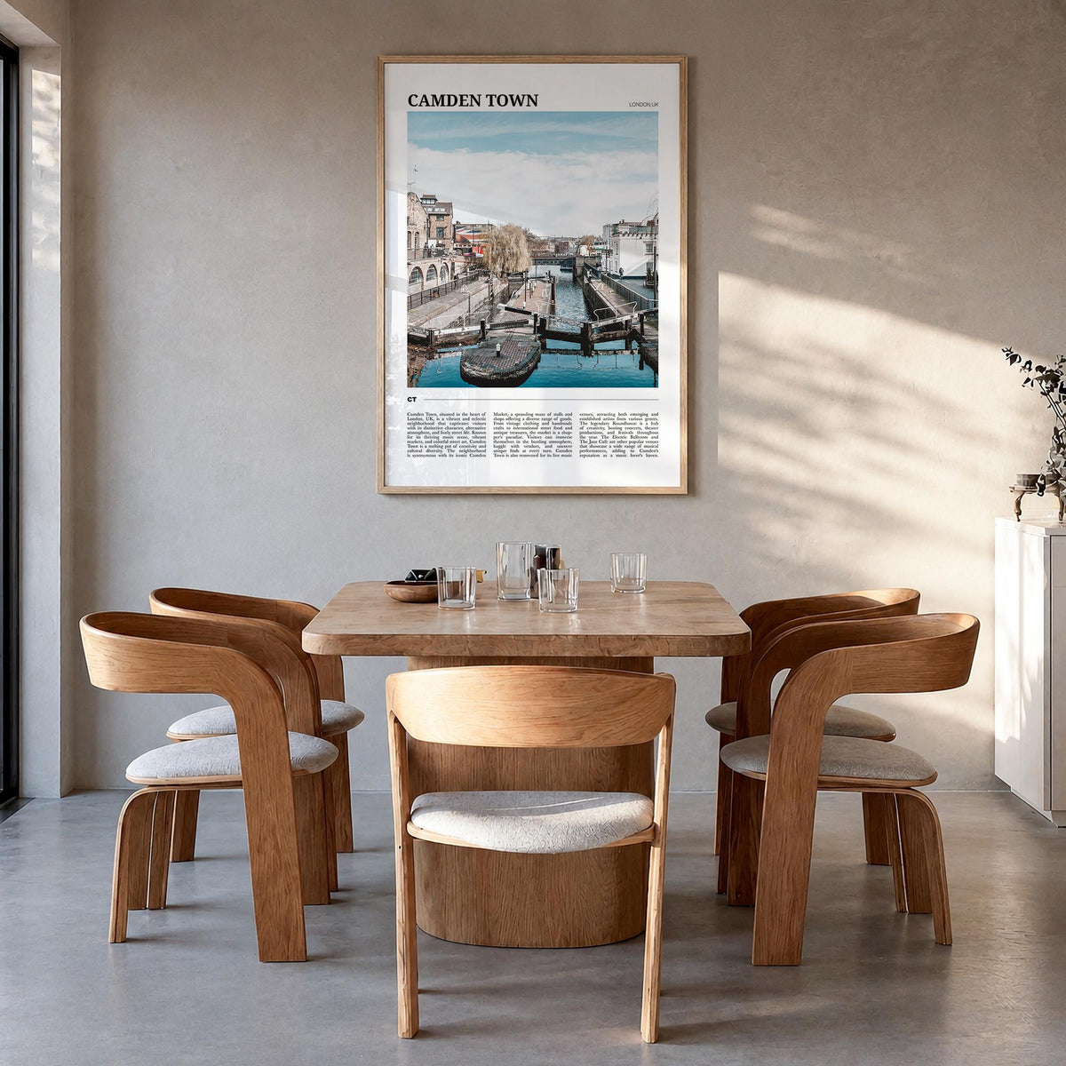 Camden Town colorful travel poster of London, England – vertical wall art in natural wood frame, hanging on wall