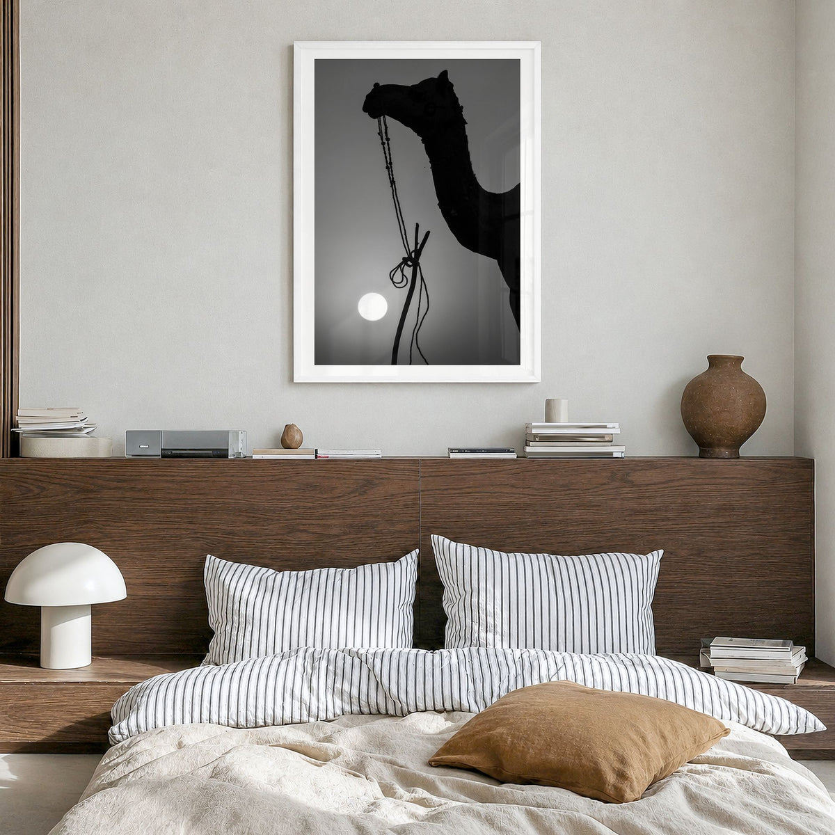 Camel Caravan Photo No 1 Poster in a white wood frame, hanging in a bedroom, white border