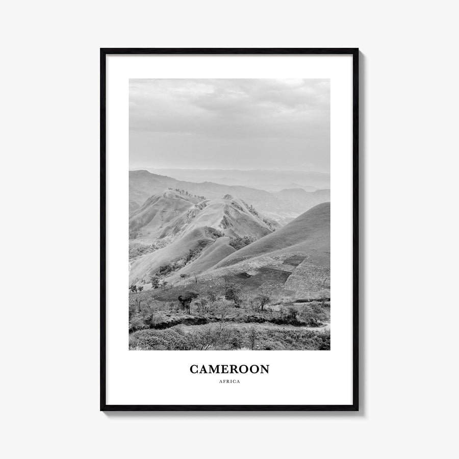 Cameroon black & white classic poster of Africa – vertical wall art, unframed print shown in interior mockup